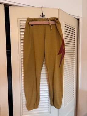 Aviator Nation Mustard Yellow Sweatpants with Maroon Lightning Bolt Accent XS